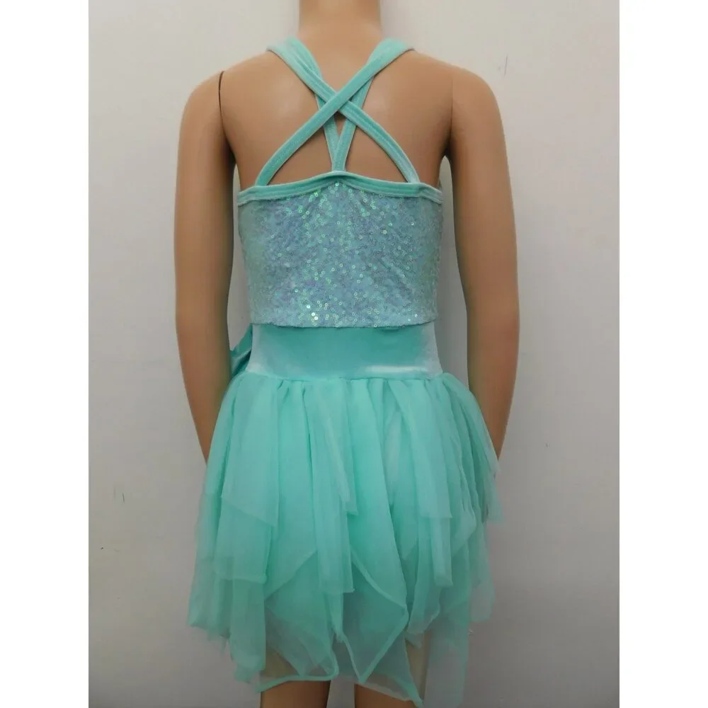 Pre-Owned Dance Costume Curtain Call E2144 Medium Child Aqua Dress Lyrical Sequ